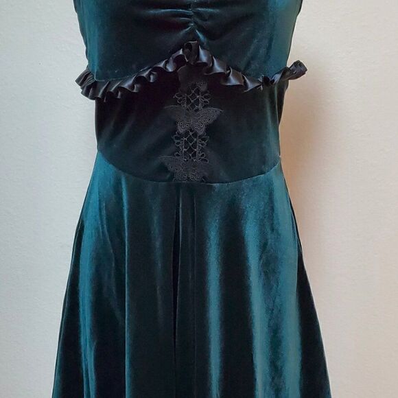 Gothic Retro Green Velvet Butterflies Patchwork Steampunk Party Dress SIZE L NEW - Picture 11 of 14